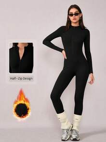 NcmRyu 一件装 女士修身立领拉链塑形提拉健身运动跑步瑜伽连体裤 - 黑色 - 查看 5