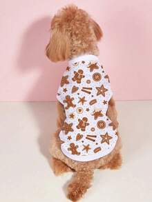 1pc Christmas Gingerbread Man Print T-Shirt, Suitable For Cats And Dogs, Polyester Stretch Soft And Comfortable, Suitable For Indoor And Outdoor Wear, Ideal For Christmas Outfit - White - View 5