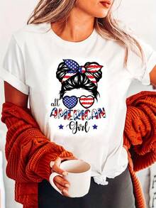 Tropical independence Day Print Crew Neck T-Shirt - Soft Cotton, Micro elasticity, Regular Length, Casual Style - Perfect for Summer &amp; Spring, Womens Clothing