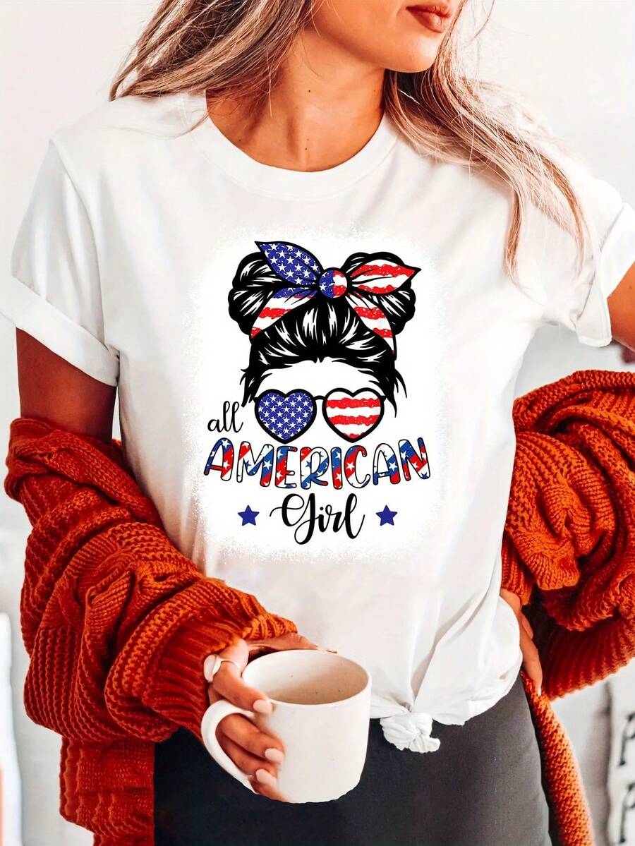 Tropical independence Day Print Crew Neck T-Shirt - Soft Cotton, Micro elasticity, Regular Length, Casual Style - Perfect for Summer &amp; Spring, Womens Clothing