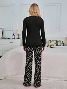 Mirano Slogan Print Short Sleeve Top & Cherry Pattern Long Pants Pajama Set - Black - View 2