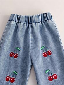 Baby Girls Casual Long Sleeve 2 In 1 Top With Cherry Embroidery And Denim Pants Set