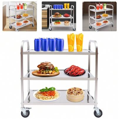 YUNRUX 3-Tier Stainless Steel Service Trolley, Kitchen Trolley, Food Trolley With Brake