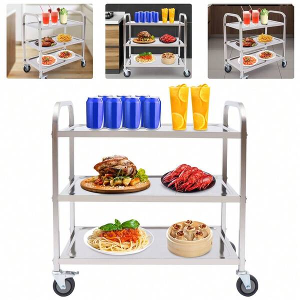 YUNRUX 3 Tier Stainless Steel Service Trolley, Kitchen Trolley, Food Trolley With Brake