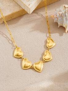 1pc Bamboo Link Chain Gold Plated Titanium Steel Heart Pendant Necklace Accessory - Yellow - View 3