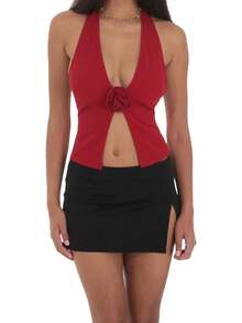 Women Halter Tank Tops Dot/Solid Color Sleeveless Open Back Slit Hem Summer Going Out Vest Shirts - Red - View 7