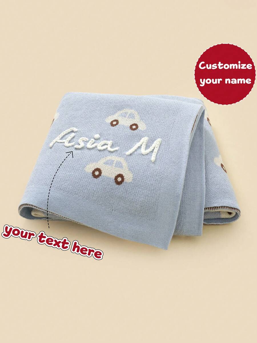 Manta de punto bordada con nombre personalizado para niños, con lindo diseño de autos, apta para todas las estaciones - Azul claro - Ver 1