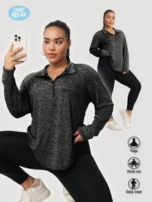 Plus Size Women's Fashion Sports Yoga Half Zip Sweatshirt Spring - Grey - View 3