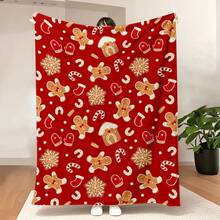1pc Comfortable Christmas Gingerbread Print Flannel Blanket - Lightweight & All-Season Use, Essential For Sofa, Bed, Travel & Camping - Holiday Red & Gold Candy Cane & Snowflake Design, Gingerbread Christmas Decor, Warm Home Accent - Multicolor - View 2