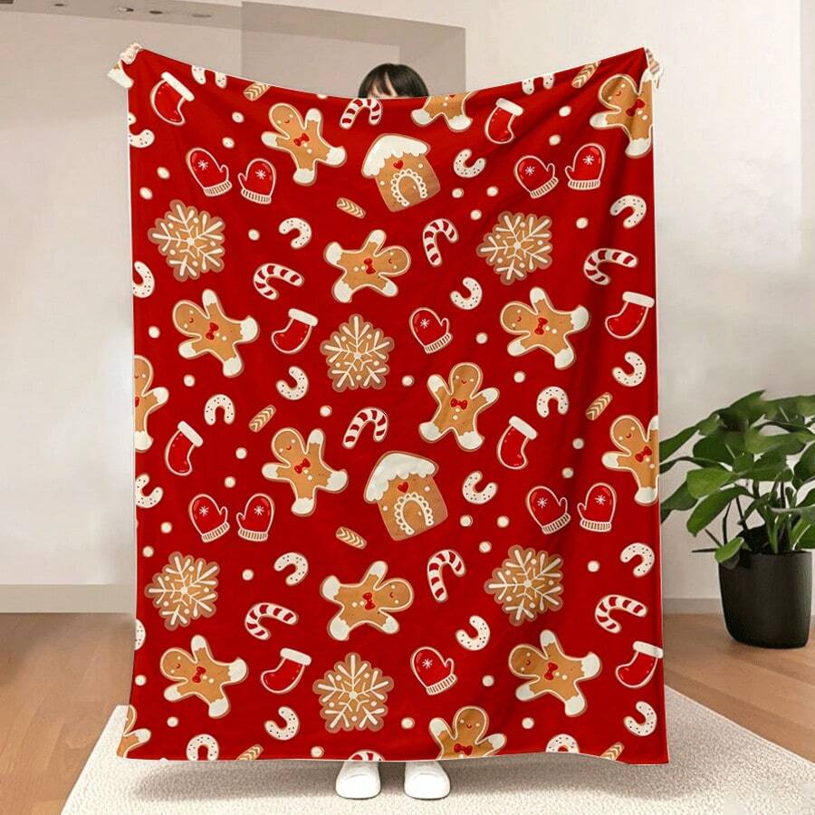 1pc Comfortable Christmas Gingerbread Print Flannel Blanket - Lightweight & All-Season Use, Essential For Sofa, Bed, Travel & Camping - Holiday Red & Gold Candy Cane & Snowflake Design, Gingerbread Christmas Decor, Warm Home Accent