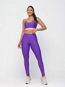 Premium Suplex Fitness Set With Pants And Non-Transparent Cup Top, Fitness Gym Clothing Kit, High Compression Leggings - 雙色丁香 - 查看 3