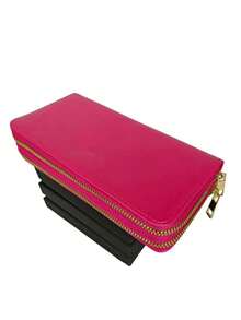 Women's Wallet With 2 Zippered Compartments, Hand Strap, Elegant Card Holder, Fashion Insurance, Assorted Logo Plate - 玫紅色 - 查看 3