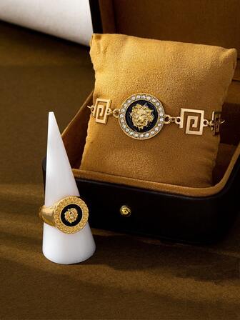 Pulsera de cadena con elemento de colgante de animal, juego de anillos de moda personalizado estilo hip hop (sin caja de regalo)