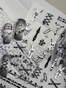 1pc 3D Gothic Punk Nail Sticker, Self-Adhesive, Embossed Rabbit & Strap Details, Create Avant-Garde Nails, Suitable For Women & Girls DIY Decoration, Ideal For Gothic Fashion & Home Manicure DIY Nail Stickers - Black - View 5
