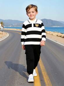 2 pezzi Set di polo a righe con stampa orsetto e pantaloni cargo per bimbi, outfit casual da esterno con tasche grandi, comodo e alla moda per primavera/autunno - nero - Visualizzare 2