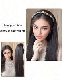 合成长发女半假发，头箍假发女长发一体直发半全头套卷发鱼骨辫假发片，适合女性日常度假佩戴 - 彩色 - 查看 9