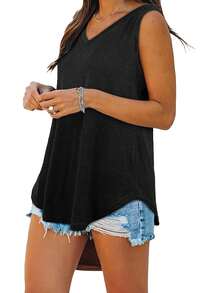 GEREARC Women V Neck Tank Tops Summer Casual Curved Hem Sleeveless Loose Fit Shirts - 黑色 - 查看 4