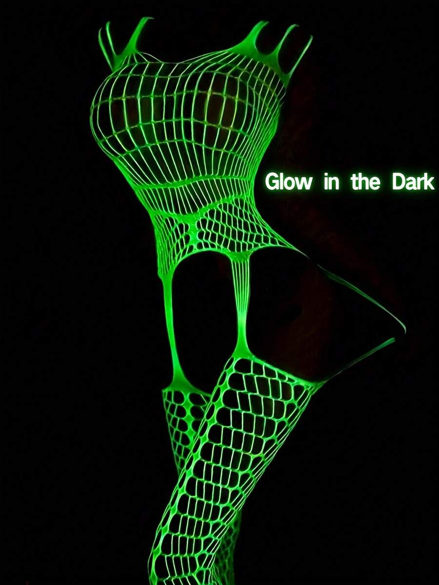 1 Piece Women's Glow-In-The-Dark Fishnet Stockings, Fishnet Bodysuit Lingerie That Glows In The Dark, Transparent Suspender Glow-In-The-Dark Fishnet Tights, Sexy Full-Length Fishnet Stockings, Tight Fishnet Leggings For Women, Sexy One-Piece Costume, Bodysuit, Club Outfit, Music Festival, Cosplay, Party Attire. - 螢光綠 - 查看 1