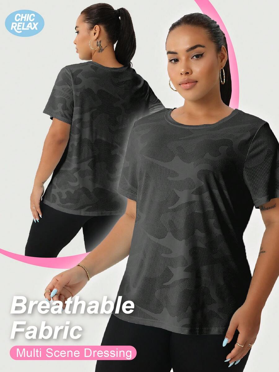Camiseta de manga corta de verano en color negro con estampado jacquard para mujer talla grande, de estilo casual, yoga, running y deportes al aire libre