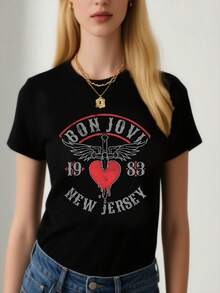 [Bon Jovi  Graphic Tee] Bon Jovi  Women's Plus-Size Graphic Tee  Casual Black Short Sleeve T-Shirt With Winged Heart Design, Polyester Blend, Machine Washable - 黑色 - 查看 1