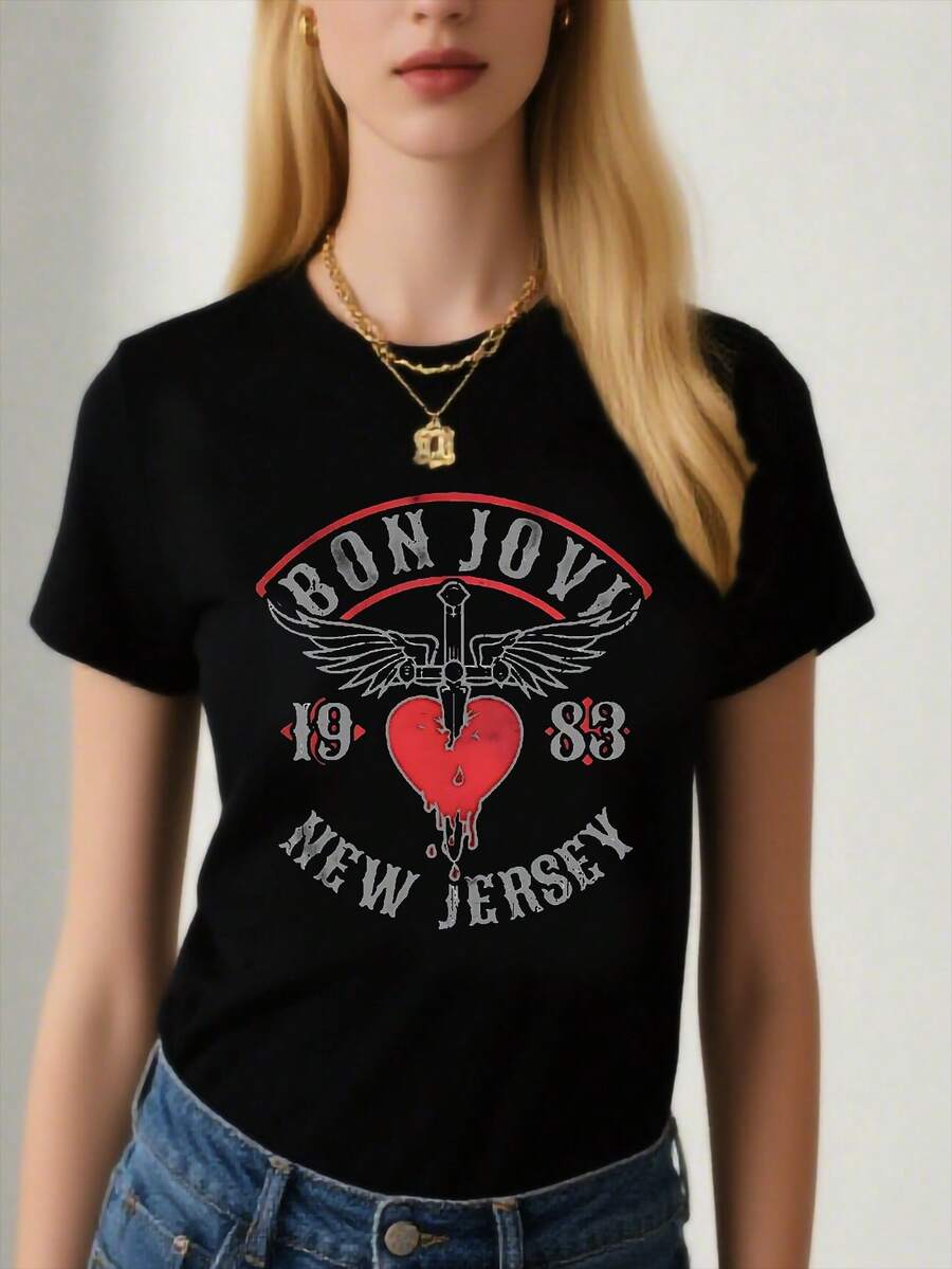 [Bon Jovi  Graphic Tee] Bon Jovi  Women's Plus-Size Graphic Tee  Casual Black Short Sleeve T-Shirt With Winged Heart Design, Polyester Blend, Machine Washable - 黑色 - 查看 1