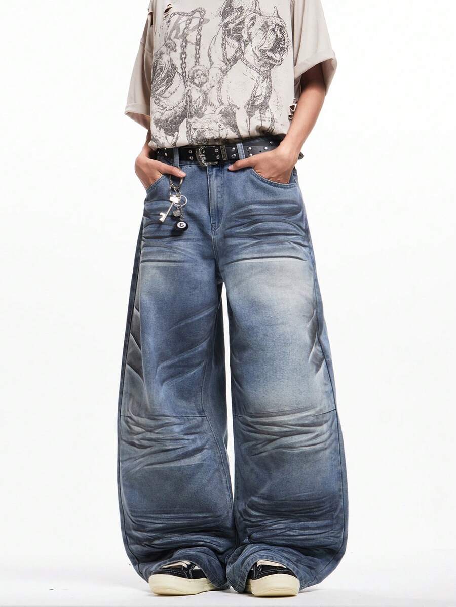 1pc Justice Brother Casual Loose Fit Washed Style Jeans, Versatile For Commuting & All Seasons - Blue - View 1