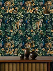 1 Roll Retro Green Forest Self-Adhesive Wallpaper, Tiger Peacock Floral Plant Pattern, Peel And Stick, Waterproof Wallpaper, Removable Contact Paper, Easy To Install, Suitable For Home Decor, Bedroom, Living Room, Kitchen Wallpaper, Furniture Cabinet Surface Renovation Stickers, Back To School Season And Autumn Holiday Gift, 17.32* 118.11/196.85 Inches