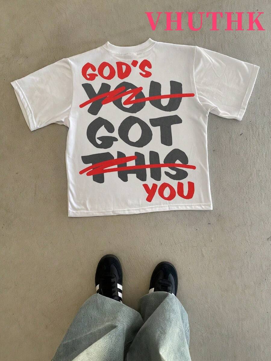 VHUTHK Letter And Portrait Print (220 Cotton T-Shirt) Men's Summer Round Neck Short Sleeved Casual Cotton Print Jesus Faith - 白色-4 - 查看 1