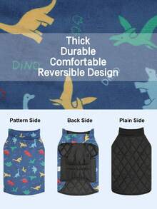 1件狗狗冬季恐龙印花羽绒服，舒适防水防风保暖宠物服装，双面可穿 - 藍色 - 查看 7