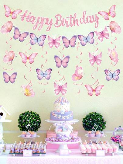 1pc Pink Butterfly Happy Birthday Banner Flag, Pink Butterfly Themed Birthday Party Room Wall Decor, Pink Butterfly Party Favor, Birthday Gift, Birthday Decoration, Home Decor Wall Decor, Pink Butterfly Decor, Pink Butterfly Banner, Back To School, Valentine's Day