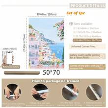 1pc, Canvas Framed Wall Art, Positano Coast Artwork, Pink Villa Decorative Painting, Mediterranean Style Decor, Italian Coastal Scenery, Folk Art Style, Spring Wall Art, Fashionable Home Decor, Room Decor, Bedroom Decor, Dormitory Decor, Living Room Decor