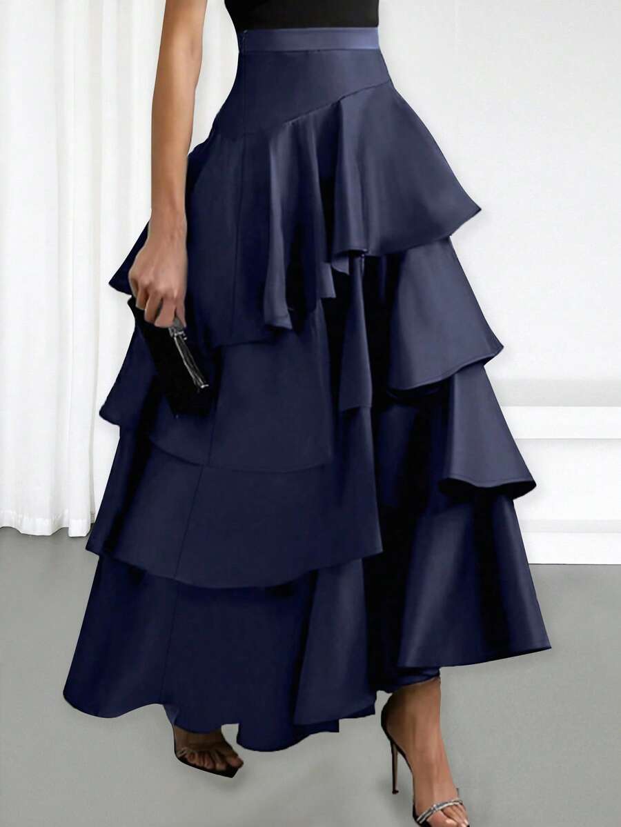 Women's Fashion A-Line Skirt, High Waist Ruffle Hem Solid Color Skirt, Suitable For Summer, Spring, Concerts, Elegant