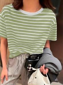 K&K FASHION Basic Striped T-Shirt Blouse - Verde Oliva - Ver 1