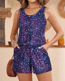 Women Romper Swimsuit - One Piece Bathing Suit With Shorts Modest Boyleg Swim With Pockets 2025 - Bầu trời đầy sao màu tím - Xem 3