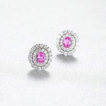 1Pair S925 Pink Earrings Vintage Luxury Round Studs Sweet Cute Dainty Women Jewelry For Ladies Bridal Wedding Party Elegant Valentine Day Gift