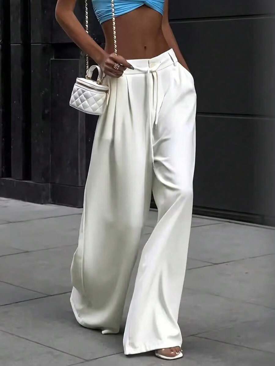 法式简约系带百褶宽松阔腿裤