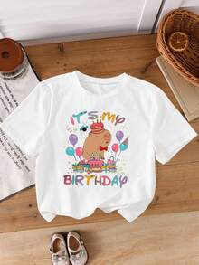 Camiseta de manga corta con cuello redondo para adolescentes y niñas, estampado de carta de cumpleaños elegante y casual con dibujos animados de Hawái - Blanco - Ver 3