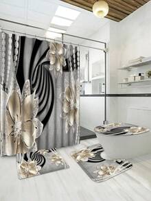 1 件/4 件浴室窗帘淋浴套装，浴帘和浴垫套装，花卉和珍珠图案浴室装饰套装，经典简约豪华浴室套装，配有 12 个挂钩