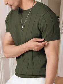 Men's Casual Crew Neck Solid Color Short Sleeve Knit T-Shirt - Green - View 3