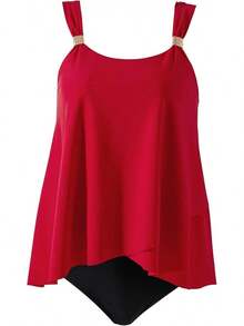 High Waisted Ruffle Tankini Swimsuit Plus Size Tummy Control - Red - View 11