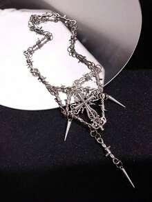 1pc Punk Layered Metal Cross Chain Necklace, Fashion Jewelry Gift For Women, Party Accessory - Black - View 4