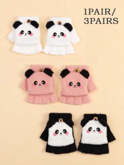 3pairs/1pair Cartoon Panda Baby Flip-Top Knitted Gloves, Half-Finger Warm Knitted Gloves, Suitable For Daily Wear For Baby Boys And Girls To Keep Warm