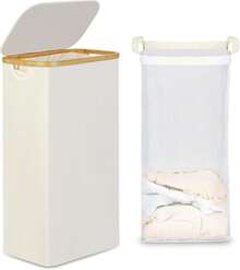 Slim Laundry Basket With Lid, Narrow Laundry Hamper With Removable Bag, Dirty Clothes Basket With Handles Bathroom, Bedroom & Laundry Room, 75L Beige - Burgundy - View 7