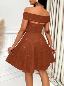 AIJ Đầm chữ A hở vai, lưng trần, đính sequin, màu trơn, gợi cảm của Amarilo dành cho nữ, thích hợp cho các bữa tiệc, sự kiện cocktail, Giáng sinh, Ngày Valentine và các dịp khác. - Rỉ Nâu - Xem 2