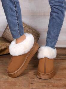 1 Paar Große Größen 36-42 Farbblock modische süße Western Stil Kunstfell gefüttert Flauschiger Rand Kunstfell Patchwork Dicke Sohle Schneestiefel, geeignet für Urlaub, Outdoor, Winter