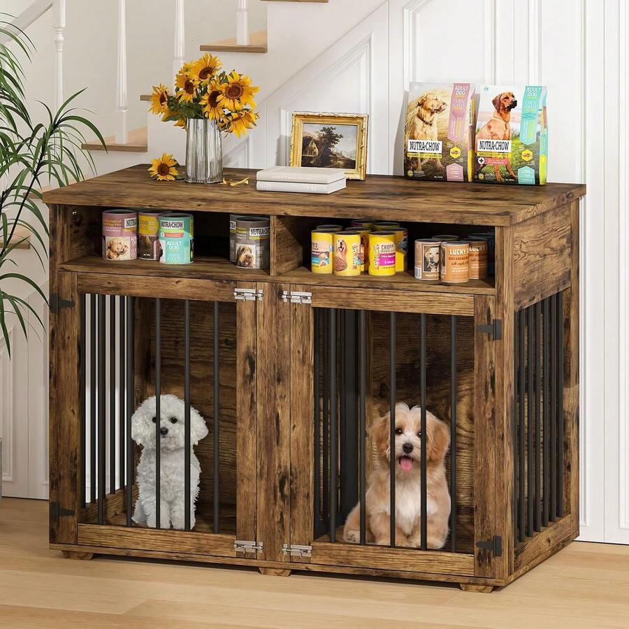 Furniture Dog Crate For 2 Dogs, 41 Inch Dog Kennel Furniture With Removable Divider And Shelf Storage, Wooden Dog Crate For Small/Medium Dogs, White/ Brown/ Gray - 棕色 - 查看 1