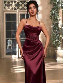 Women's Elegant Chestnut Satin Spaghetti Strap Ruched Decor Back Tie Slit Dress, Suitable For Banquet, Party, Wedding Bridesmaid