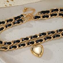 1 PC Creative Design Geometric Temperament Flannelette Chain Fashion Necklace, Retro Heart - Shaped, Versatile Double - Layer Neckpiece - 黑色 - 查看 3