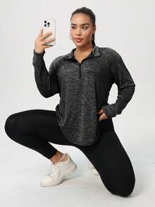 Plus Size Women's Fashion Sports Yoga Half Zip Sweatshirt Spring - Grey - View 8