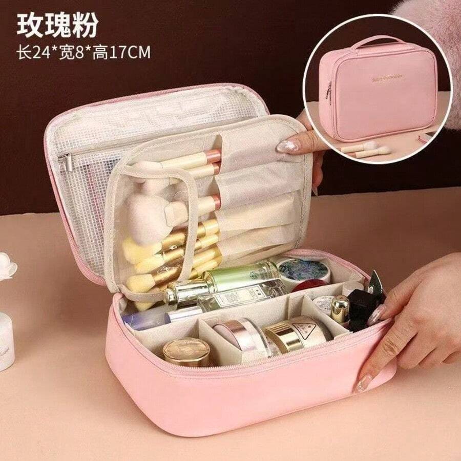 Bolsa de Cosméticos Shifuni Bolsa de Cosméticos de Couro PU Zíper Quadrado Bolsa de Higiene Pessoal Multifunciona